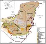 Map indicating the relationship between presence of Spodoptera frugiperda nucleopolyhedrovirus (SfMNPV) occlusion bodies in soil and geology in maize fields of Mexico, Belize, Guatemala.