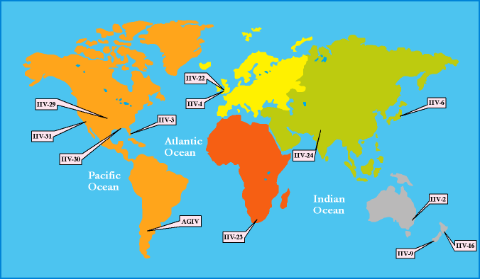 World distribution map of invertebrate iridoviruses isolated from Lepidoptera, Diptera, Coleoptera, Hymenoptera, and terrestrial isopods.